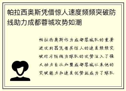 帕拉西奥斯凭借惊人速度频频突破防线助力成都蓉城攻势如潮